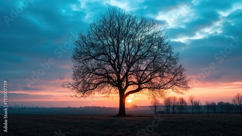 A picturesque scene of the sunrise in the blue hour, with tree silhouettes creating a striking contrast against the sky in shades of blue and violet.