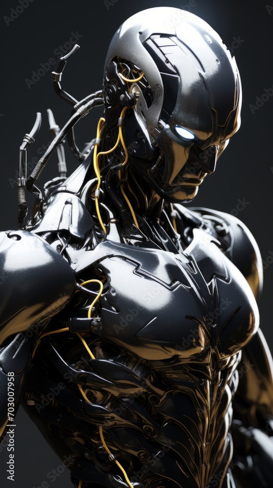 High-tech black robot with energy in the form of lightning, AI High-tech black robot with energy in the form of lightning, AI