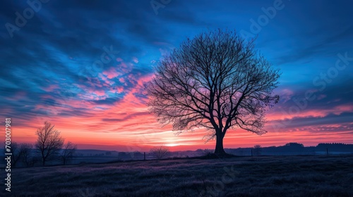 A beautiful view of the sunrise during the blue hour, with the silhouettes of trees against a sky blushing in shades of blue and violet