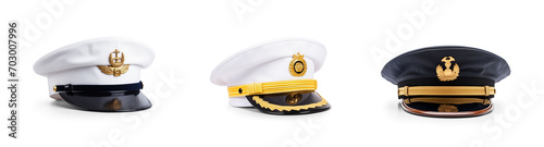 set collection of stylish navy ship military captain or high rank army general and police officer security guard hat in different colors, isolated on white png transparent background photo