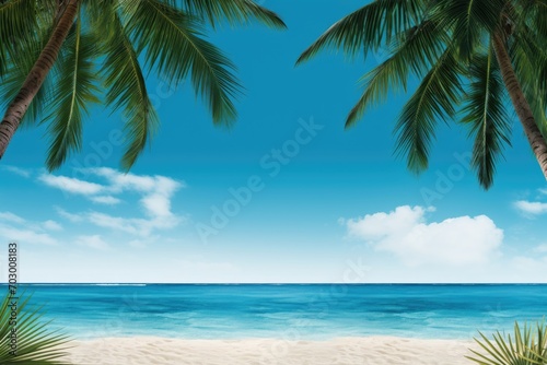 banner template featuring a tropical beach scene with clear blue skies and palm trees 