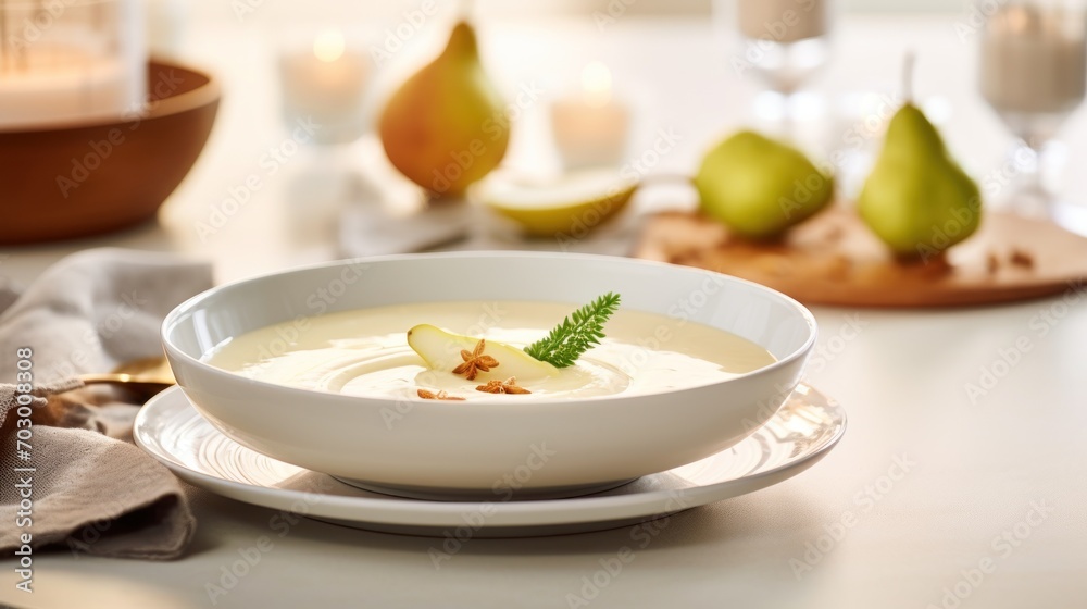 a bowl of soup on a plate with pears and a napkin on a table next to a glass of wine. a bowl of soup on a plate with pears and a napkin on a table next to a glass of wine.