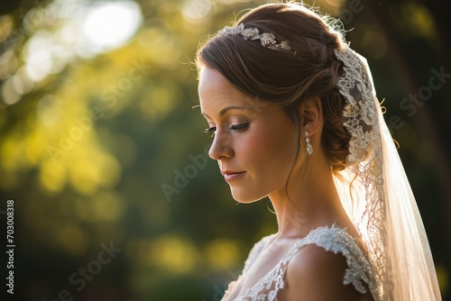 Elegant bride in a wedding dress and veil with sunset backlight photo