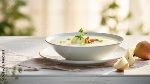  a bowl of soup sitting on top of a white plate next to an apple and a piece of bread on a table. photo