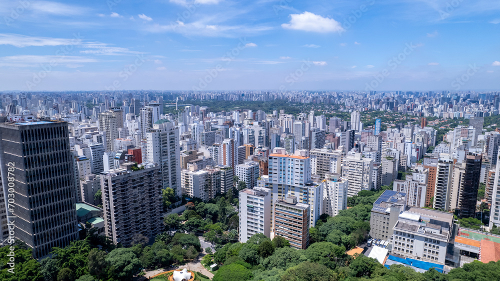 Obraz premium Aerial view of Avenida Paulista in Sao Paulo, Brazil. Very famous avenue in the city. High-rise commercial buildings and many residential buildings
