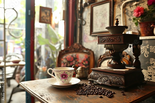 Rustic Charm: Antique Coffee Grinder and Beans