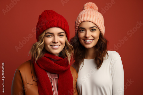Portrait of two young women, a lovely couple in a bright knitted hat and scarf, having fun hugging each other, friendship day
