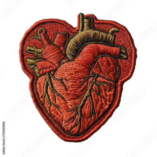 An embroidered patch in the shape of a human heart on a transparent background, ideal for Valentine's Day designs.