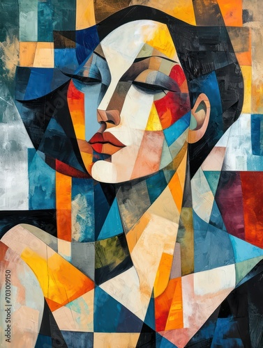 Abstract painting of a woman in a modern, vibrant color, geometric art, contemporary, and cubism style, ideal for wall art, printing design, and artistic poster