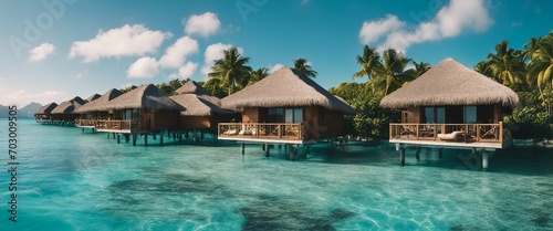 Luxury Overwater Bungalow An idyllic view of overwater bungalows in Bora Bora, with crystal clear 