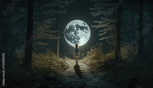 Little girl walking alone in forest