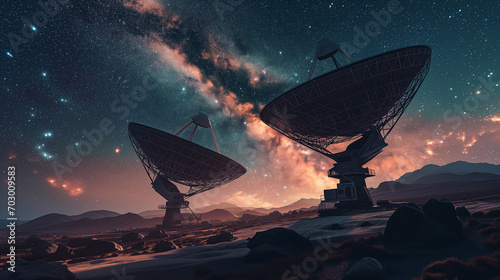 Twin radio telescopes connecting with starry canvas at state-of-the-art observatory