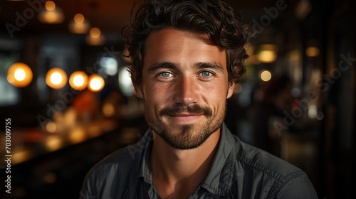 Porträt eines gutaussehenden Mannes, der in einer Kneipe oder einem Restaurant in die Kamera lächelt.