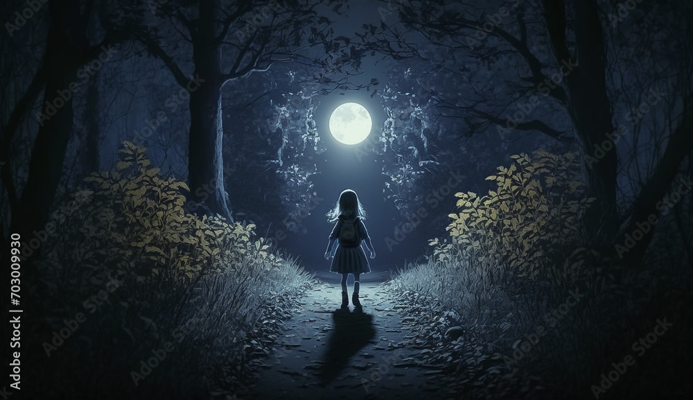 Little girl walking alone in forest Little girl walking alone in forest