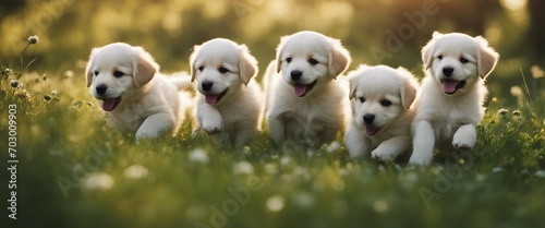 A litter of playful puppies in a grassy meadow, one of them chasing its tail while the others tumble