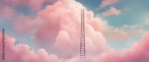 Ascent to Dreamland A ladder reaches up into a fluffy cloud against a pastel pink sky, inviting