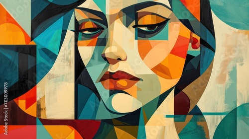 Contemporary and cubist-inspired abstract painting portraying a woman with vibrant modern colors and geometric elements. Perfect for wall art, printing design, and artistic posters. 