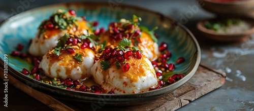 Dahi Bhalla or Dahi Vada, Indian street food with tamarind sauce and pomegranate seeds. photo