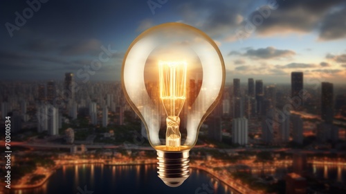 A Light Bulb With a City in the Background