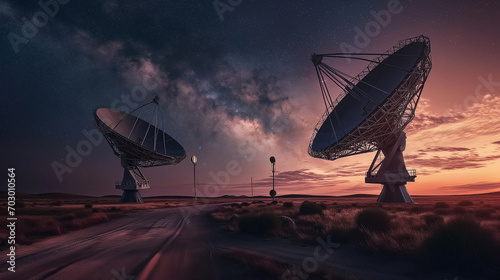 Two radio telescopes and satellite dishes on Earth, embarking on journey at observatory