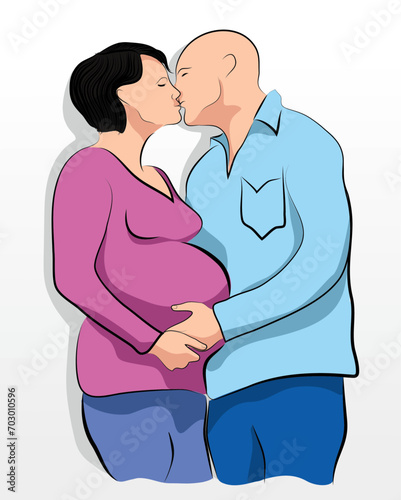 Vector portrait of a young couple with a pregnant woman colored hand drawing illustration vertical format
