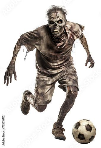 Scary footballer zombie playing with ball over isolated transparent background