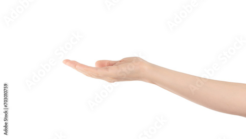 Like a little water in the palm of your hand isolated on transparent png background with clipping paths. Woman hand with palm up like holding something. Open hand sign.