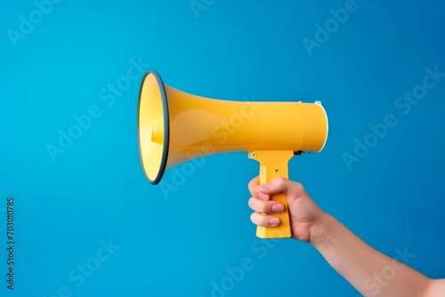 person hand holding a yellow megaphone on a blue background, minimalism, isolated. Copy space