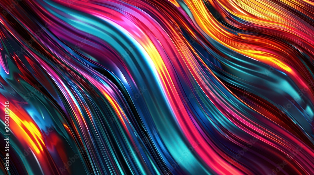 Abstract backdrop with a sleek metallic finish, characterized by glossy colored waves and a vibrant spectrum of bright colors with rainbow vibes.
Abstract backdrop with a sleek metallic finish, characterized by glossy colored waves and a vibrant spectrum of bright colors with rainbow vibes.