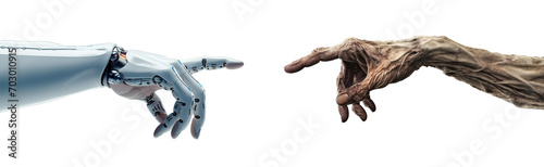 Zombie hand trying to reach robotic hand over white transparent background