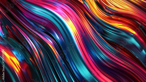 Abstract backdrop with a sleek metallic finish, characterized by glossy colored waves and a vibrant spectrum of bright colors with rainbow vibes. 