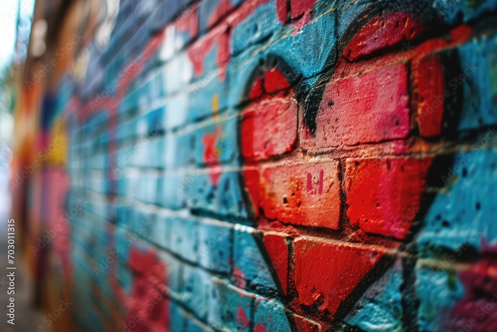 Fototapeta premium A vibrant heart graffiti on a brick alleyway, an urban and edgy backdrop for modern love declarations copy-space