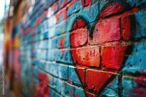 A vibrant heart graffiti on a brick alleyway, an urban and edgy backdrop for modern love declarations copy-space