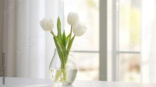  a vase filled with white tulips sitting on top of a table next to a glass vase filled with water.