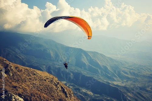 An adventurous soul paragliding over scenic landscapes, the freedom and exhilaration of soaring through the sky, witnessing the world from a breathtaking perspective.