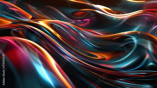 Abstract dynamic background with glossy colored waves, sleek metallic finish, rainbow vibes, and bright colors