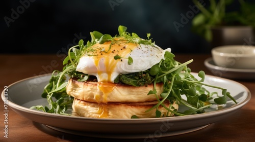  a close up of a plate of food with a poached egg on top of a pile of greens.