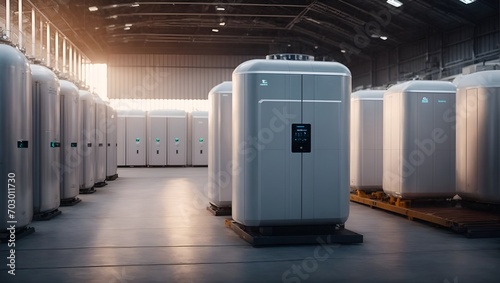 Futuristic energy storage systems such as advanced batteries or grid-scale storage facilities, showcasing how energy storage contributes to sustainability. Copy space.