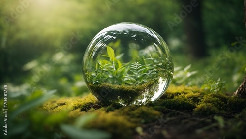 Glass sphere in nature, outdoors, with plants. Minimal abstract nature and season concept. Environmental protection idea. Copy space.