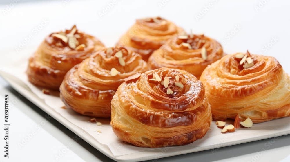  a close up of a plate of doughnuts with almonds on the top of the doughnuts.