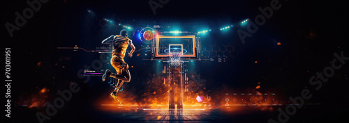 basketball professional team player running scoring ball over the hoop at dramatic stadium shot in dynamic active pose with statistics analysis datum, sports success concept copy space banner photo
