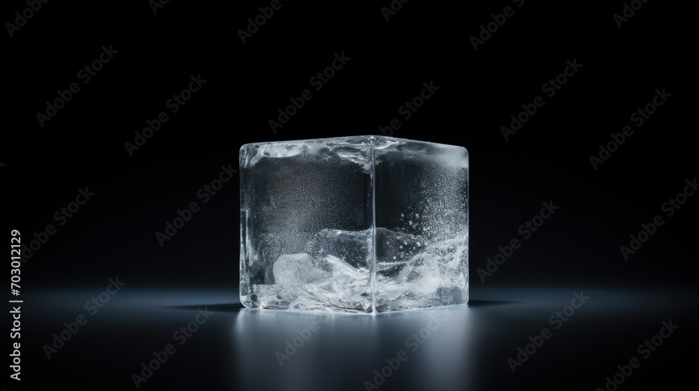 a block of ice sitting in the middle of a dark room with a light shining on the side of it. a block of ice sitting in the middle of a dark room with a light shining on the side of it.
