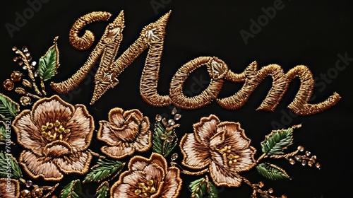 Elegant embroidery of the name "Mom" in metallic thread, accented with beads and sequins, surrounded by a stunning golden decorative textile floral pattern on a semi-reflective black surface.
