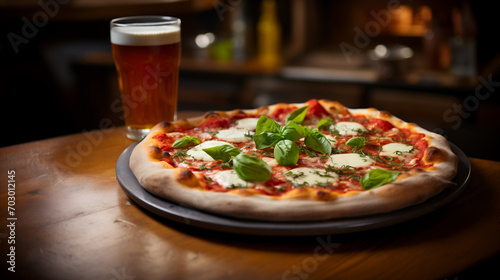 Pizza con pomodoro, mozzarella, basilico e una birra fresca in una pizzeria in Italia	