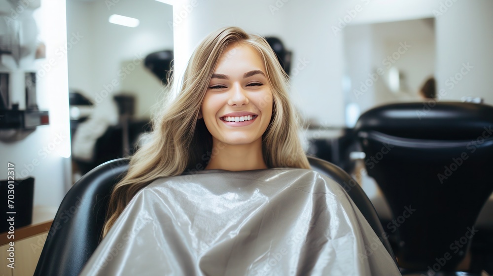 Smiling young blonde woman sitting in beauty salon to take cosmetic hair care treatments - obrazy, fototapety, plakaty 