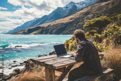 Freelancer working remotely from a scenic location
