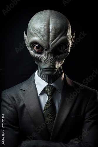 vertical portrait of an humanoid alien in a business suit on a black background © Маргарита Вайс