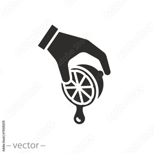 fresh lemonade or citrus drink icon, hand squeezes juice, squeezed orange or lemon, flat symbol on white background - vector illustration eps10