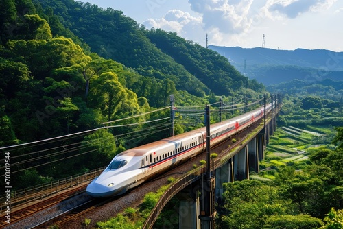High-speed bullet train zooming through a scenic countryside