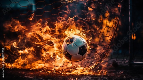 Dazzling soccer ball on fire skillfully hitting the back of the net with flames engulfing the goal